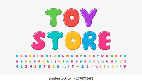 Multicolored cartoon alphabet bubble shape font rainbow bright colors. Uppercase and lowercase letters, numbers, punctuation marks. Vector illustration. Color image for toy store shop design