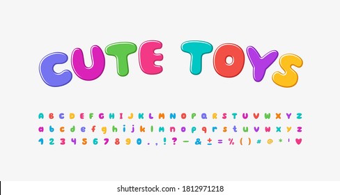 Multicolored cartoon alphabet, bubble shape font rainbow bright colors. Uppercase and lowercase letters, numbers, punctuation marks. Vector illustration