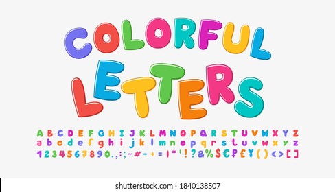 Multicolored cartoon alphabet, bubble shape font rainbow bright colors. Uppercase and lowercase letters, numbers, punctuation marks. Vector illustration