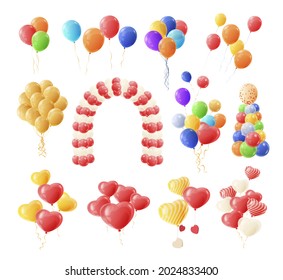 Multicolored cartoon balloons vector illustration. Bunch, arch, rounded and heart shape festive decor for holiday celebration isolated on white. Flying helium ball toy decorative aerodesign