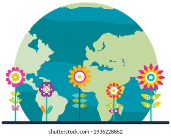 Multicolored cartoon bright flowers on background of planet. World globe vector illustration