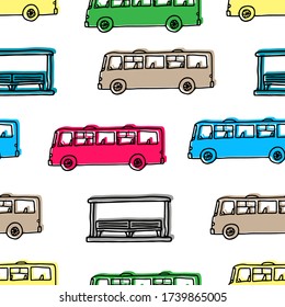 Autobuses multicolores de dibujos animados y paran aislados sobre fondo blanco. Patrón infantil lindo sin costuras. Ilustración gráfica vectorial dibujada a mano. Vista lateral horizontal. Textura.