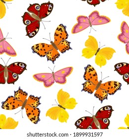 mehrfarbige Cartoon-Schmetterlinge nahtlos Muster. Vektorfederflache Illustration. Natürlicher Hintergrund mit schönen, hellen, fliegenden Insekten.