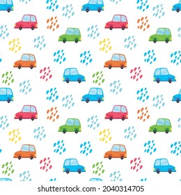 Multicolored cartoon cars, Seamless pattern on a white background. Vector illustration of children s transport in a minimalistic flat style, hand-drawn. Print for textiles, print design, postcards.