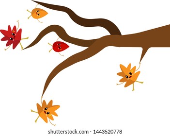 multicolored cartoon characters autumn leaves hold on to a tree branch so as not to fall concept of nature and the golden season