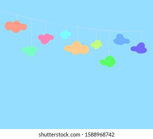 Multicolored cartoon clouds of different shapes against background with rain. Cute vector set CLOUDS icons