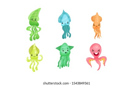 Multicolored cartoon different sea animals. Vector illustration.