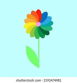 flor multicolor de dibujos animados. Fondo azul. Ilustración vectorial. Imagen de archivo.