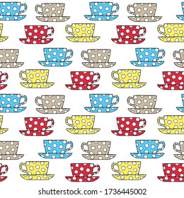 Multicolored cartoon tea cups isolated on white background. Side view. Cute seamless pattern. Hand drawn vector graphic illustration. Texture.