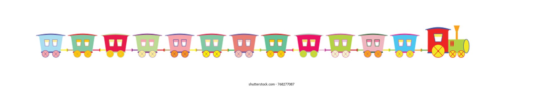 multicolored cartoon train with colored bright trailers