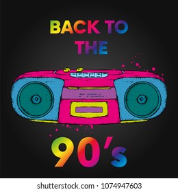 Multicolored cassette tape recorder from the 90's. Vector illustration. Music. The player.