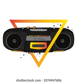 Multicolored cassette tape recorder from the 90's. Vector illustration. Music. The player.