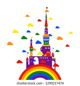 Multi-colored castle on a rainbow for a print on children's card or book