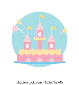 Multi-colored castle with three towers..Vector illustration. Fairy-tale subjects and characters. Objects on a colored circle. Design for pictures, icons, postcards, covers, flat and cartoon style.