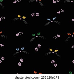 Multicolored cat eyes and pink hearts on black background, seamless vector pattern