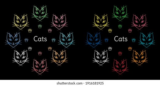 Multicolored cat faces with cat's paws in a circle on a black background with space for text. Vector illustration.