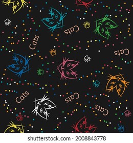Multicolored cat faces with cat's paws and dots on black background in chaotic order. Line art style. Vector seamless pattern.