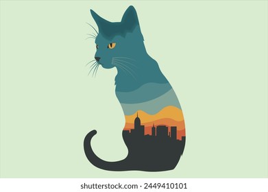 A multi-colored cat sits and a silhouette of a city with skyscrapers on the cat