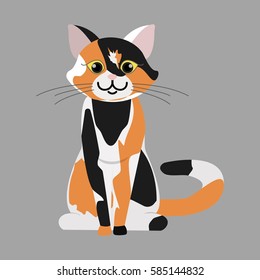 Multicolored cat sitting. Red, black and white kitten. Cartoon character. Domestic animal. Flat vector stock illustration