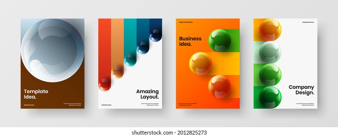 Cubierta de catálogo multicolores A4 de diseño de conjunto de ilustraciones vectoriales. Juego de plantillas de presentación de bolas simples y realistas.