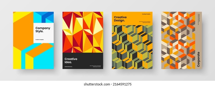 Multicolored catalog cover design vector concept set. Bright geometric pattern company identity template bundle.