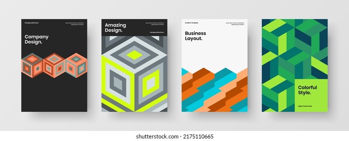 Multicolored catalog cover vector design layout bundle. Premium geometric tiles flyer illustration set.