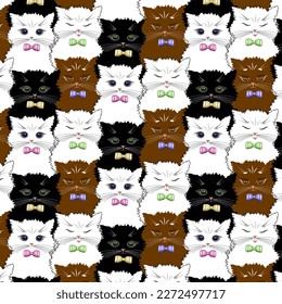 Multi-colored cats with bows.Vector pattern with cute multi-colored cats on a transparent background.