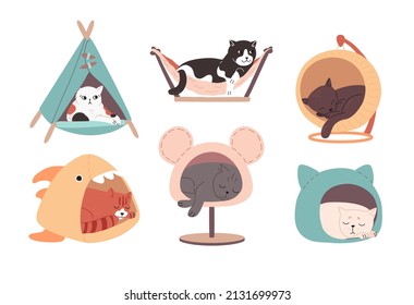 Multi-colored cats of different breeds rest in cat houses. Tired adorable kittens sleep in pet beds. Funny animals drawn in a flat style. Color vector illustration, doodle set isolated on white.