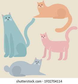 Multicolored cats in different poses isolated on a light background. Vector flat illustration