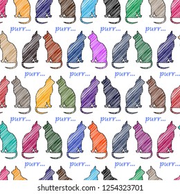 Multicolored cats, the inscription "purr" -seamless pattern with animals