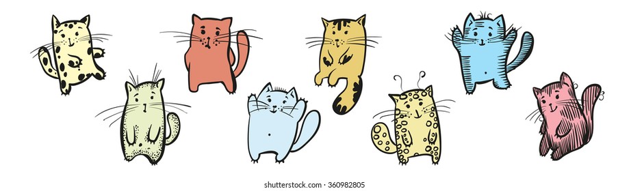 Multi-colored cats in number of eight pieces are represented in different foreshortening