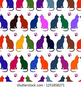Multicolored cats, paw -  seamless animal pattern