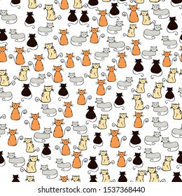 Multi-colored Cats. Red, gray, brown, black kittens seamless pattern on a white background. Cute Textiles. Cartoon Doodling. Hand drawing style. Vector stock illustration. Editable Pattern.