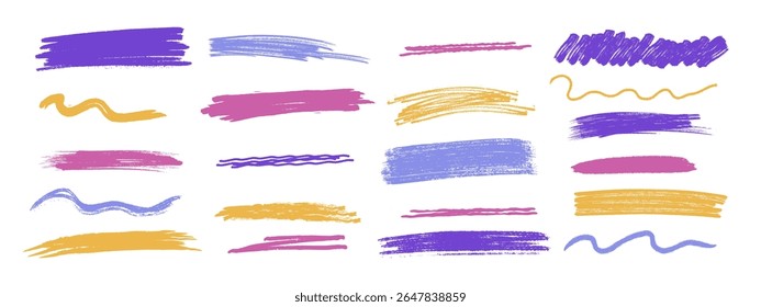Conjunto de traçado de pincel com traçado multicolorido com sublinhado em giz e rabisco. Linhas pastel desenhadas à mão, rabiscos e elementos de realce. Ilustração vetorial