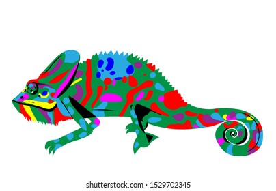 Multi-colored chameleon on a white background