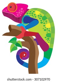 a multi-colored chameleon sits on a tree branch and merges with the background