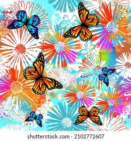 Multicolored chamomile seamless pattern with butterflies. Vector illustration