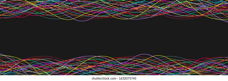 Multicolored chaotic lines on a black background. Colorful tangled chaos pattern. Intricate chaotic texture. Motley сolored vector background. Colorful chaotic banner. 