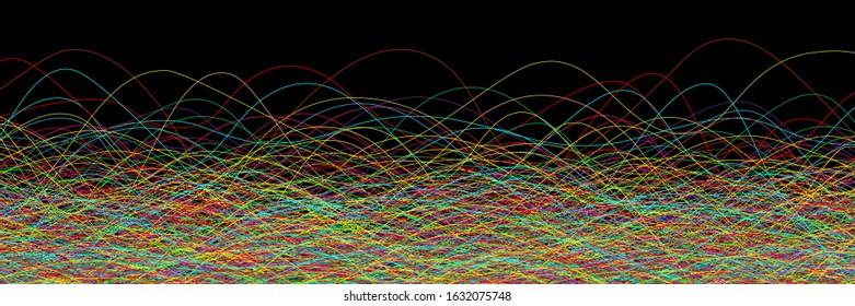 Multicolored chaotic lines on a black background. Colorful tangled chaos pattern. Intricate chaotic texture. Motley сolored vector background. Colorful chaotic banner. 