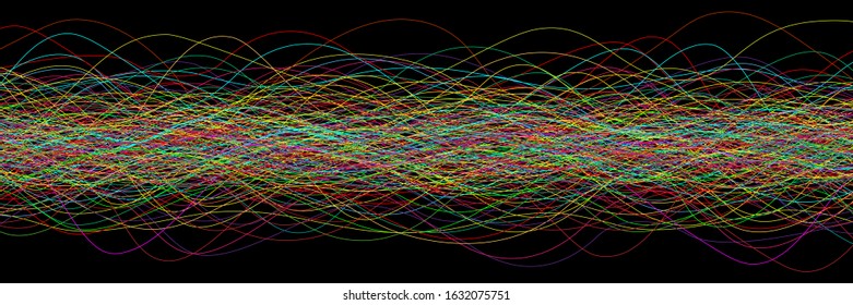 Multicolored chaotic lines on a black background. Colorful tangled chaos pattern. Intricate chaotic texture. Motley сolored vector background. Colorful chaotic banner. 