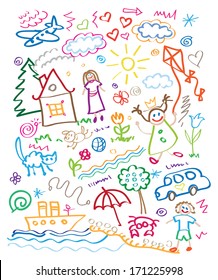 multicolored child drawing style vector set