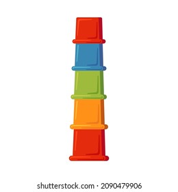 Multicolored children pyramid with plastic cup. Baby multicolored sorters. Montessori education logic toy for early childhood development. Vector illustration isolated on white background.