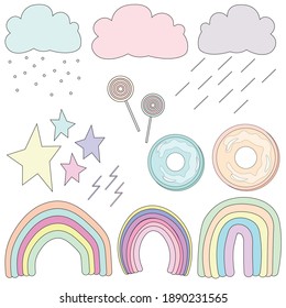 Multi-colored children's clouds, stars, rainbows, rain. Isolated over white background.