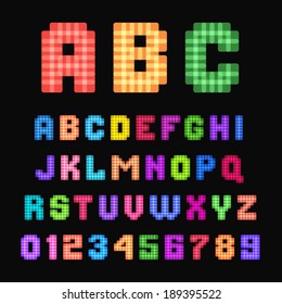 Multicolored children's pixel font isolated on black background.