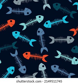 Multi-colored children's seamless pattern with skeletons of small fish for girls, boys, fashion textile, sport clothes.  Grunge background