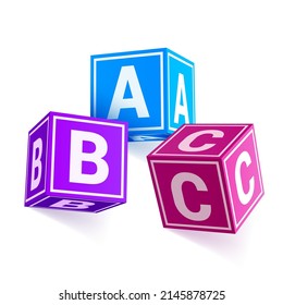 Das mehrfarbige Kinderalphabet blockiert eine realistische Vektorgrafik. Farbige Grundschulkinder würfeln abc Buchstaben Schriftart einzeln. Baupuzzle für Spielzeugkommunikation