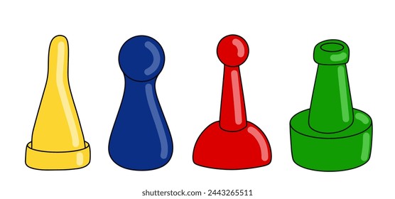 Fichas multicolores para juegos de mesa. Elementos de juego de diferentes formas. Accesorios de juego brillantes para un pasatiempo interesante. Ilustración vectorial en color.