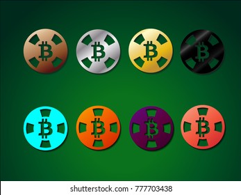 multi-colored chips for casino with crypto currency bitcoin