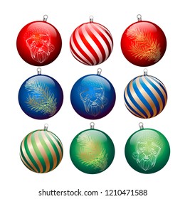 Multicolored Christmas balls with drawings, three kinds. Vector illustration