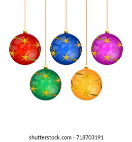 Multicolored Christmas Balls Hanging on Golden Threads. Vector Illustration Isolated on a White Background.